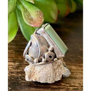 Royston Turquoise & Sterling <b>Silver</b> <b>Ring</b> Fashionable Navajo Design with Gold Plating Size 5.75 Stainless Steel Inlay Setting - Product Image 3