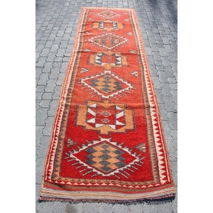 Turkish Rug, 3.4x11 ft <b>Runner</b> Rug, <b>Red</b> Ombr Wool Vintage Rug - Product Image 1