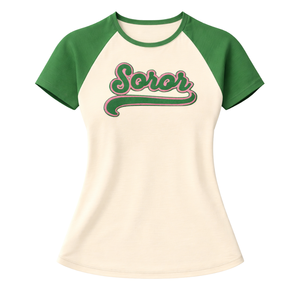 Camiseta de Manga Raglán Ivory 08 Soror, para Mujeres de Hermandad Griega, Rosa y Verde, Ecológica, Informal, Elegante, para la Universidad - Product Image 3