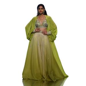 Citrus Green Palazzo Set With <b>Cape</b> Wholesale <b>Women</b> Ethnic Apparel OEM Clothing Factory Supplier Custom Party Wedding Outfit - Product Image 3