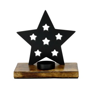 Porte-bougie étoile en métal noir moderne sur base en bois, décoration d'intérieur, décoration de Noël, présentoir de table, prix d'usine - Product Image 1