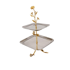ชั้นวางเค้กโลหะ 2 ชั้น ดีไซน์ทันสมัย สีเงิน อลูมิเนียมและทองเหลือง ลายดอกไม้ สำหรับเสิร์ฟขนมหวาน เหมาะสำหรับโรงแรมและบ้าน - Product Image 2