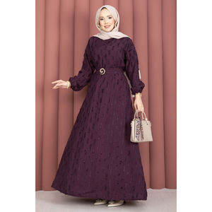 Vestido de Gasa Bordado para Mujer con Cinturón de Hebilla Dorada, Color Ciruela, Talla XS, Estilo de Manga Abullonada, para Fiestas Formales, Servicio ODM/OEM Incluido - Product Image 5
