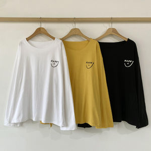 Camiseta Coreana de gran tamaño con estampado de cara sonriente, escote ancho, uso diario, diseño bonito, ropa de tela de algodón - Product Image 4