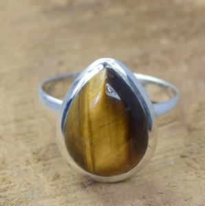 Anillo de Plata de Ley 925 minimalista, cabujón de pera de ojo de tigre marrón brillante, ajuste de bisel, banda sólida de 7x9mm, fiestas clásicas - Product Image 4