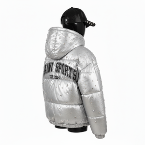 Women Shiny <b>Silver</b> Puffer <b>Jacket</b> Quilted High Nylon Fabric with Rhinestone Detailing Custom Embroidery Logo Women Puffer <b>Jackets</b> - Product Image 5