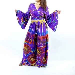 Ensemble jupe en rayonne style bohème avec haut à volants et nœud, jupe longue imprimé floral, respirant, tenue d'été vintage, style féerique années 70, mode hippie - Product Image 5