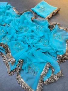 ส่าหรีผ้าไหมลายดอกไม้ทำมือสุดหรูพร้อมผ้าลูกไม้จีบสไตล์ชาติพันธุ์สำหรับงานแต่งงาน - Product Image 2