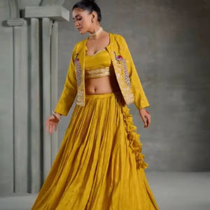 Bollywood Style Yellow <b>Lehenga</b> Choli Jacket Full Stitched Indo Western Blouse for Party Worked Jacket - Product Image 1