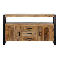Buffet de style moderne en bois de manguier et métal, style industriel et farmhouse, avec 3 tiroirs et 2 portes, pour salon, salle à manger ou comme commode.
