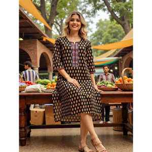 Kurta Recta de Algodón Puro para Mujer Evolve, Vestido Casual Elegante Estampado, Transpirable, Largo hasta el Suelo, Cintura Natural, Suministro ODM - Product Image 1