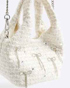Girls <b>Cream</b> Boucle Diamante Bow Magnetic Vintage Classic Fashion <b>Clutch</b> Bag - Product Image 3