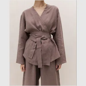Bruine Kleur Linnen Kimono Jurk Set Robe Kimono Set 2023 Hoge Kwaliteit Linnen Kimono Loq Moq Custom Size Stijl Gemaakt Door Zed Aar Expo
