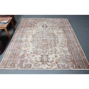 Alfombra turca vintage clásica, beige, marrón, 5,8x6,4 pies, material de lana de área grande, patrón de retazos para dormitorio, pasillo, látex lateral - Product Image 1