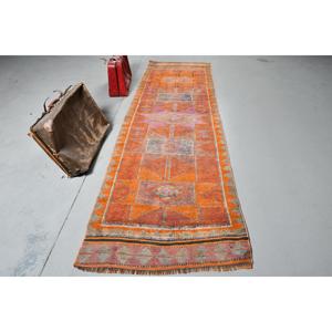 Alfombra Turca Herki de 3.2x10.7 pies, Alfombra de Lana Vintage con Diseño Floral Naranja - Product Image 1