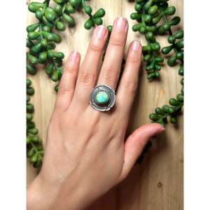 Tillie John Sonoran Gold & Sterling <b>Silver</b> <b>Statement</b> <b>Ring</b> Bezel Set Turquoise with Ov Cut Size 7.25 Boho Style for Everyday Wear - Product Image 5