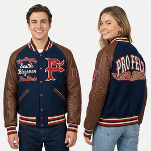 Winter Outerwear Varsity Jacket Wool Body Leather Sleeves Embroidered Letterman Button Front Collage Baseball jacket for men - Product Image 2