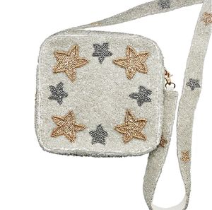 กระเป๋าถือพร้อมสายรัดครีมซิลเวอร์โกลด์สตาร์ประดับลูกปัดสายคาดลำตัวรูปดาว - Product Image 4