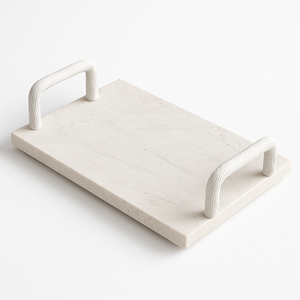 Bandeja decorativa de mármol blanco con asas de metal blanco texturizadas únicas, organizador Rectangular elegante para decoración de mesa de cocina - Product Image 1