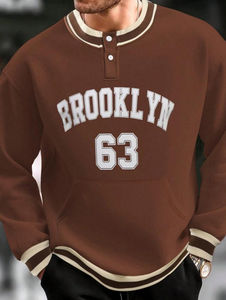 Custom High Quality Winter Men's Neck Letter Hoodies Fleece Trim Half Placket Kangaroo Pocket Thermal Lined Sweatshirt - Product Image 5