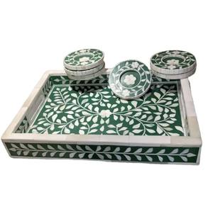 Handmade Classic Style Wood Drink Tea Coasters Bone Inlay Serving <b>Tray</b> with Coaster From India - Product Image 1