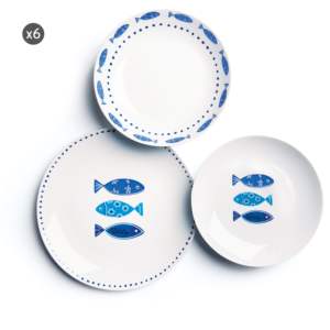 Service de table 18 pièces, assiettes rondes en porcelaine Ocean by Excelsa, motif animal bleu, motif poisson, thème fruits de mer, design italien moderne - Product Image 1