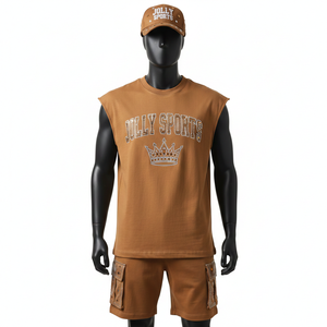 <b>Men</b> Sleeveless T Shirt and <b>Short</b> Set Cotton Polyester Smooth Fabric <b>Brown</b> Heat Press Logo <b>Men</b> Sleeveless shirt and <b>Shorts</b> Set - Product Image 6