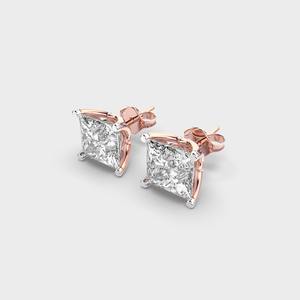 Boucles d'oreilles clous en or blanc/rose/jaune 18 carats avec diamants de laboratoire taille princesse pour femme (OEM) - Product Image 2