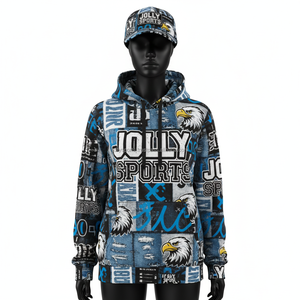 เสื้อฮู้ดดี้ผ้าโพลีเอสเตอร์ผสมคอตตอน พิมพ์ลายกราฟิกสีน้ำเงิน ดำ ขาว ทั่วตัว  ออกแบบโลโก้ตามสั่งด้วยเทคนิคซับลิเมชั่น เสื้อฮู้ดดี้พื้นฐานสำหรับผู้หญิง - Product Image 6