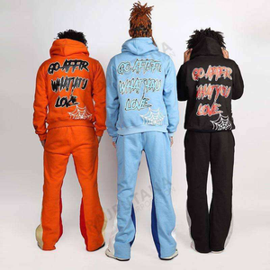 2024 Unisex Custom Streetwear High Quality 100% Cotton Puff Printing Oversized Hoodie Sweatpants <b>Set</b> Plus Size for Winter - Product Image 3