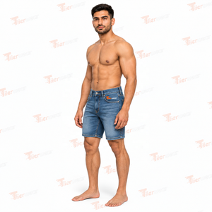 Shorts en jean pour homme, coupe droite, taille mi-haute, délavé clair, style décontracté d'été, en tissu de coton tissé - Product Image 3