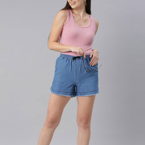 Shorts en jean taille haute pour femme, bleu clair, avec cordon de serrage, taille élastique, style décontracté, ourlet déchiré, 100 % coton - Product Image 4