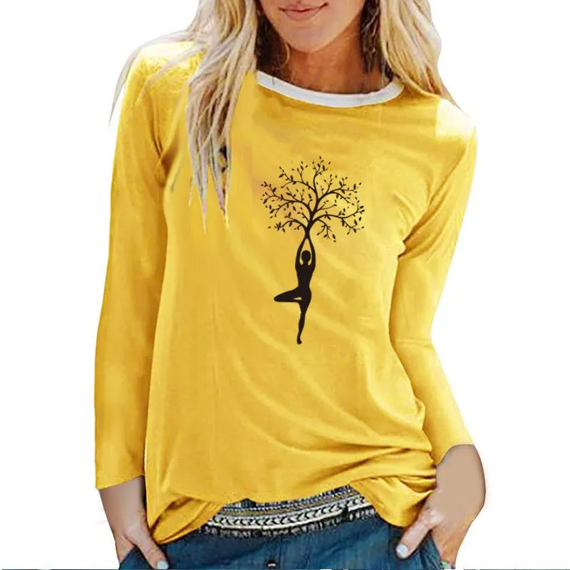 Tree print long-sleeved T-shirt women's autumn and winter white O-neck cotton print shirt aesthetics