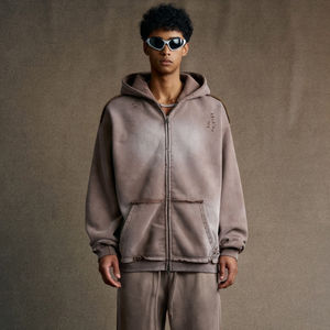 Sudadera con capucha de gran tamaño con cremallera para hombre, con estampado de logotipo personalizado desgastado y lavado ácido de 400GSM, informal, liso en blanco, Vintage - Product Image 5