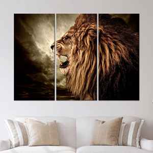 Décoration animale sauvage moderne : Tableau sur toile imprimé Lion rugissant, lot de 3 toiles - Product Image 1