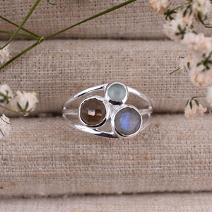 Anillo clásico de Plata de Ley 925 para boda y fiesta, labradorita, cuarzo ahumado y piedras preciosas de agua - Product Image 2