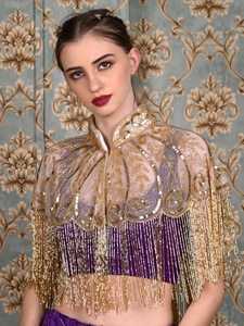 Hermosa capa burlesca con cuentas y lentejuelas, silueta recta con flecos colgantes, sujeta el cuello, ropa festiva para festivales, capas - Product Image 4