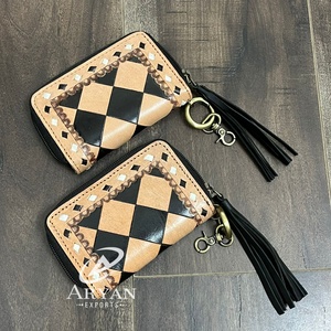 Nouveau luxe personnalisé usiné à la main en cuir à carreaux véritable Designer porte-monnaie petit portefeuille porte-carte de crédit pochette avec porte-clés - Product Image 1