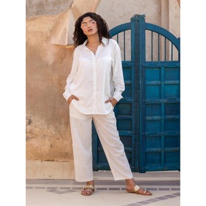 Conjunto de 2 Piezas para Mujer, Corte Holgado, Camisa de Manga Corta y Pantalones Color Marfil Sólido, Talla XS - Product Image 1