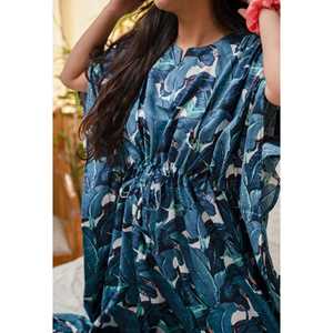 Túnica de Playa de Algodón Azul con Estampado de Palmeras, Estilo Kaftan, Corte Holgado para una Divertida Vacaciones en la Playa - Product Image 1