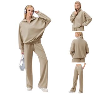 Conjunto de chándales de ocio de talla grande al por mayor, 2 uds., 1/4, jersey de hombro caído con cremallera, pantalones de chándal holgados con dobladillo ajustable, Jersey Suelto - Product Image 4