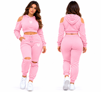 Ensemble crop top rose à découpes et pantalon de jogging assorti en molleton, couleur unie, tenue décontractée pour femme, collection automne