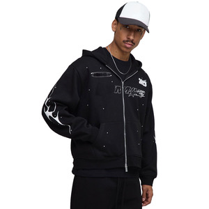 Sweat à capuche zippé imprimé flamme graphique noir et ensemble de joggings pour hommes 450GSM polaire Streetwear tenue deux pièces personnalisé OEM survêtement usine - Product Image 3