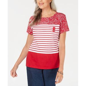 Top a scollo rotondo a righe rosse Karen Scott XS con bandana, traspirante - Product Image 1