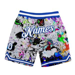 Industrie Direct Engro Authentique Short de Basketball Confortable Motif Graffiti 3D Personnalisé en Velours Côtelé Solide Blanc-Royal - Product Image 1