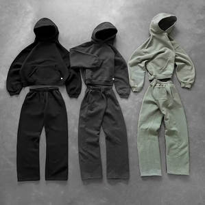 Ensemble de survêtement pour homme, sweat-shirt à capuche ample et court en molleton français uni, personnalisable en gros - Product Image 4