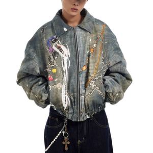 Veste en jean vintage délavée à l'acide peinte à la main Streetwear pour homme STITCHMODE avec patch brodé - Product Image 1