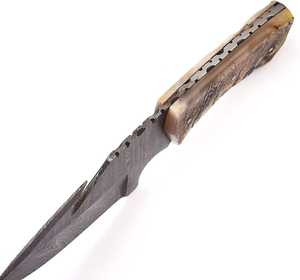 Cuchillo de caza y desollado hecho a mano de acero de Damasco de alta durabilidad, punta de caída, 7.5 pulgadas de largo total, mango de cuerno de carnero, gancho para desollar, OEM - Product Image 6