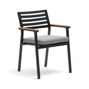Stackable Cast Aluminum <b>Garden</b> Chair in Black Finish and Solid Teak Wood Armrests Metal Dining Chair with Cushion for Restaurant - Product Image 1