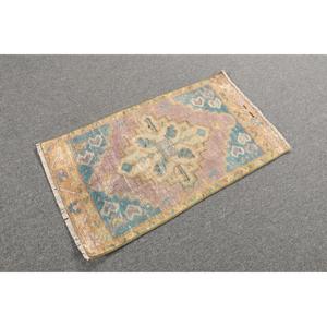 Alfombra de 1.4x2.6 pies, Alfombra Turca Vintage, Alfombra de Lana a Cuadros Azul y Marrón - Product Image 4